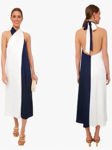 Tuckernuck Twisted Colorblock Halter Midi Dress - Navy & White Sz L
